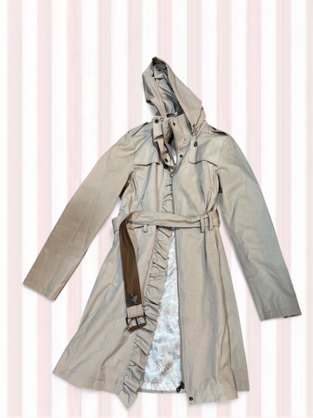 GUESS Light Beige Hooded Trench Coat with Belted Waist